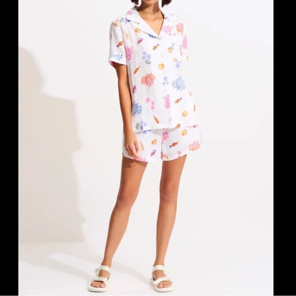 Seafolly White Under The Sea Beach 100% Linen Shirt and Shorts Set Medium - Picture 2 of 16